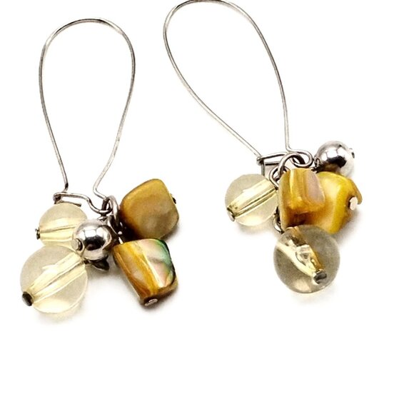 Artisan Clear Glass Bead & MOP Shell Cluster Dangle Earrings with Latch Wires - Picture 2 of 13